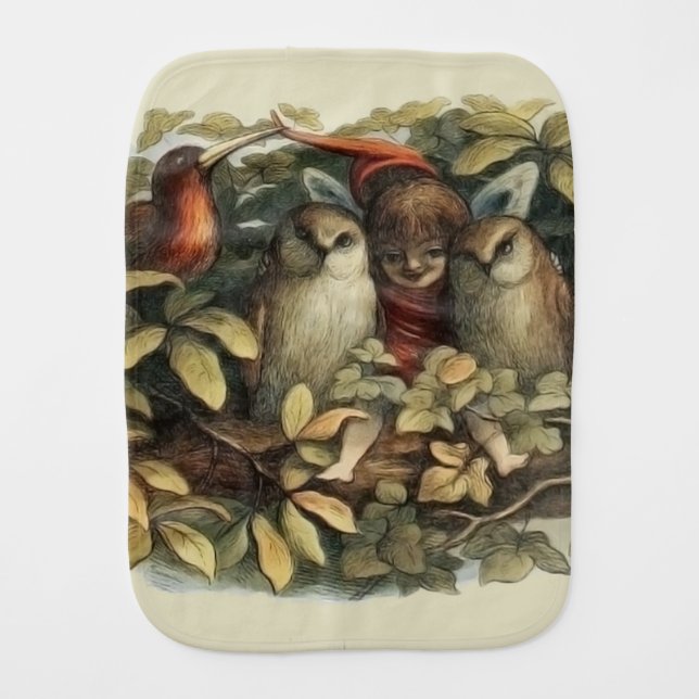 Owls and Elf Fairies Nature Illustration Baby Burp Cloth (Front)
