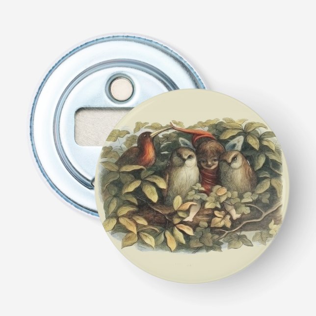 Owls and Elf Fairies Nature Illustration Bottle Opener (Front)