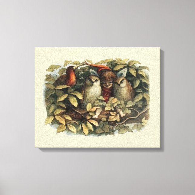 Owls and Elf Fairies Nature Illustration Canvas Print (Front)