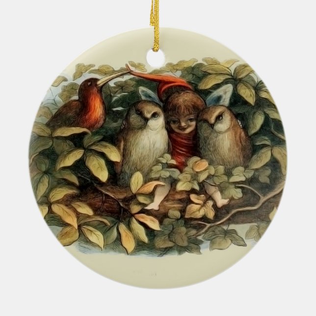 Owls and Elf Fairies Nature Illustration Ceramic Ornament (Back)