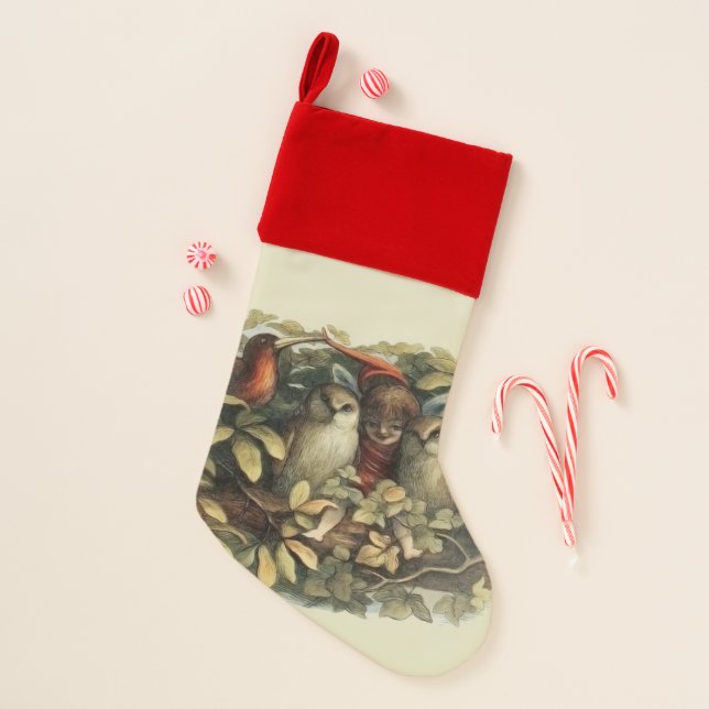 Owls and Elf Fairies Nature Illustration Christmas Stocking (Front)