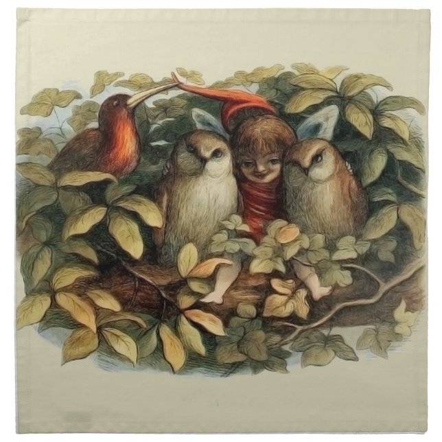 Owls and Elf Fairies Nature Illustration Cloth Napkin (Front)