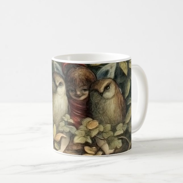 Owls and Elf Fairies Nature Illustration Coffee Mug (Front Right)