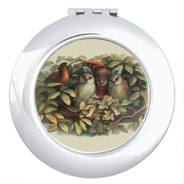 Owls and Elf Fairies Nature Illustration Compact Mirror (Front)