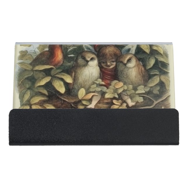 Owls and Elf Fairies Nature Illustration Desk Business Card Holder (Front)