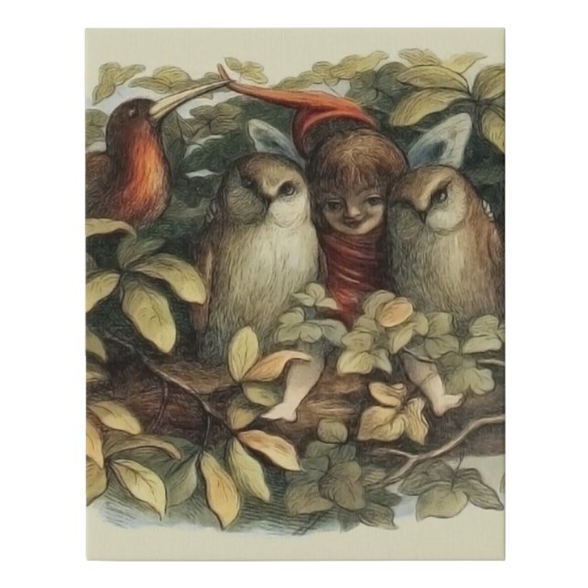 Owls and Elf Fairies Nature Illustration Faux Canvas Print (Front)