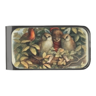 Owls and Elf Fairies Nature Illustration Gunmetal Finish Money Clip