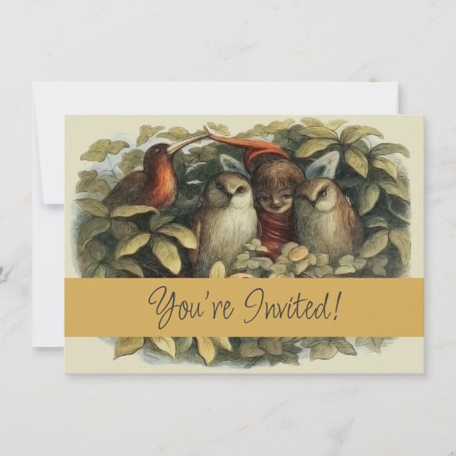 Owls and Elf Fairies Nature Illustration Invitation (Front)