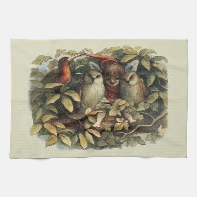 Owls and Elf Fairies Nature Illustration Kitchen Towel (Horizontal)
