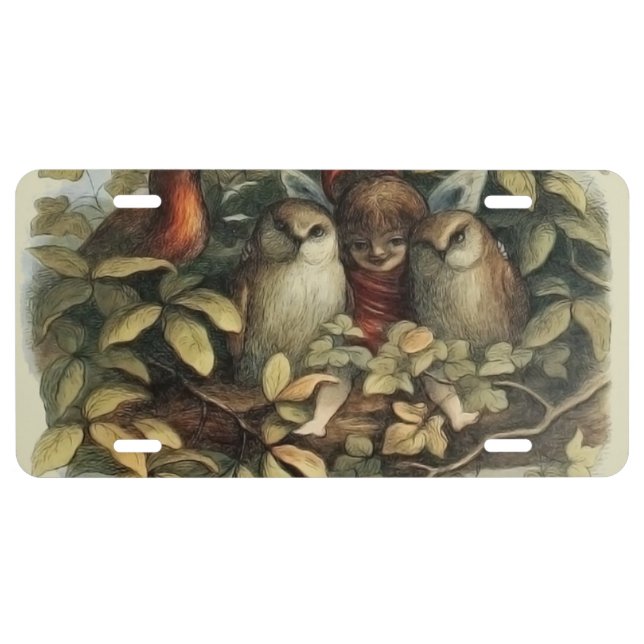 Owls and Elf Fairies Nature Illustration License Plate (Front)