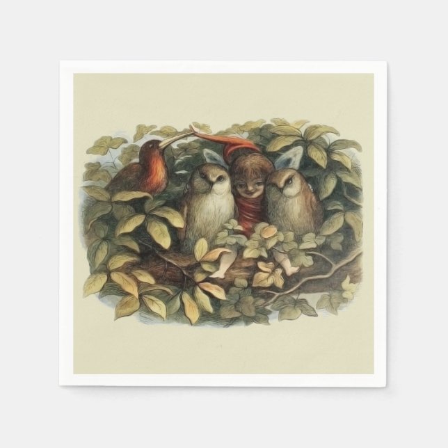 Owls and Elf Fairies Nature Illustration Napkins (Front)