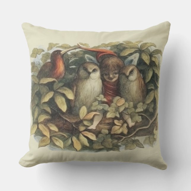 Owls and Elf Fairies Nature Illustration Outdoor Pillow (Front)