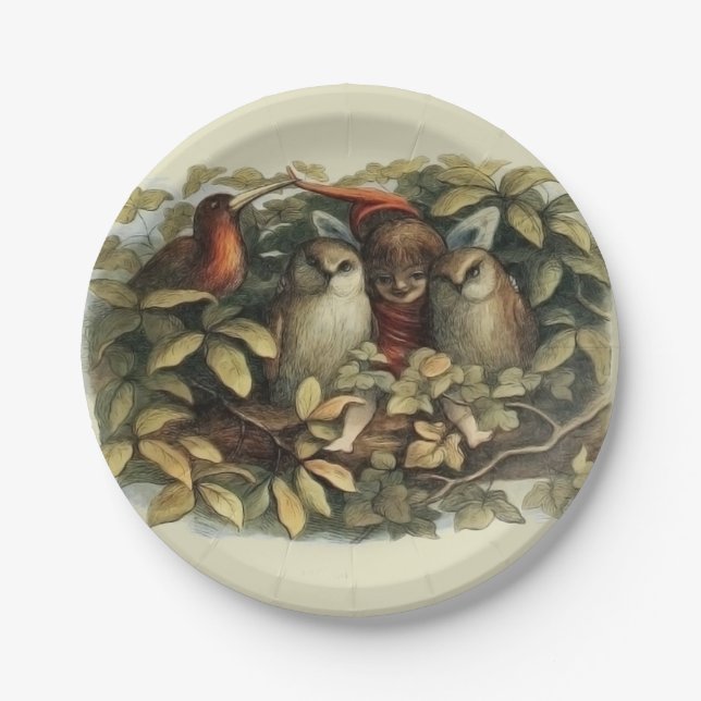 Owls and Elf Fairies Nature Illustration Paper Plates (Front)