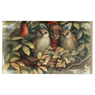 Owls and Elf Fairies Nature Illustration Place Card Holder