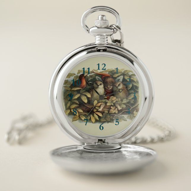 Owls and Elf Fairies Nature Illustration Pocket Watch (Inside)