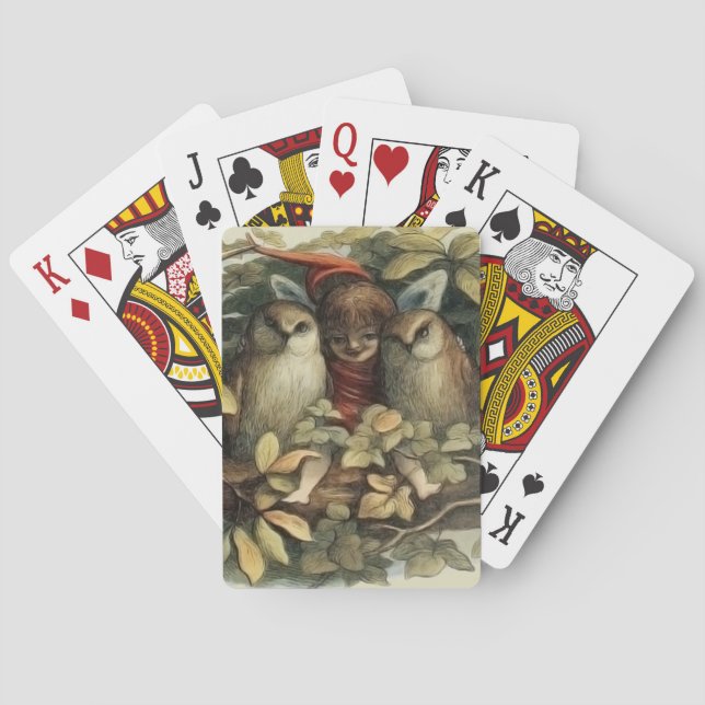 Owls and Elf Fairies Nature Illustration Poker Cards (Back)