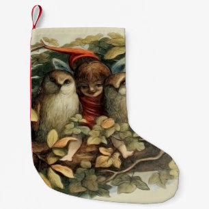 Owls and Elf Fairies Nature Illustration Small Christmas Stocking