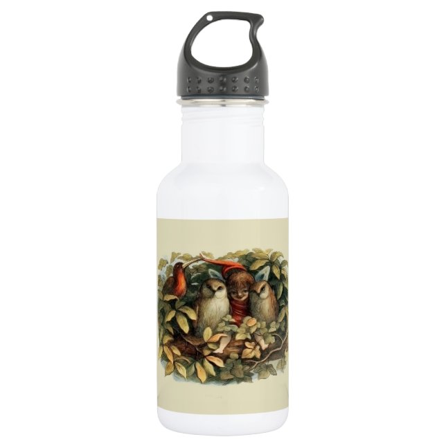 Owls and Elf Fairies Nature Illustration Stainless Steel Water Bottle (Front)