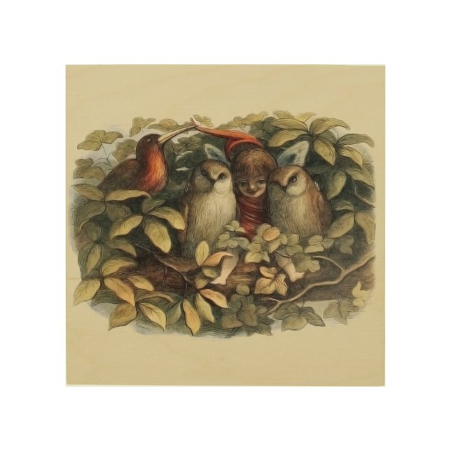 Owls and Elf Fairies Nature Illustration Wood Wall Art (Front)