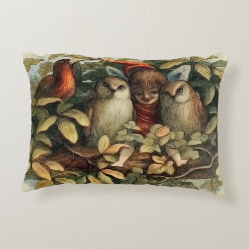 Owls and Elf Fairies Nature Rich Illustration Accent Pillow