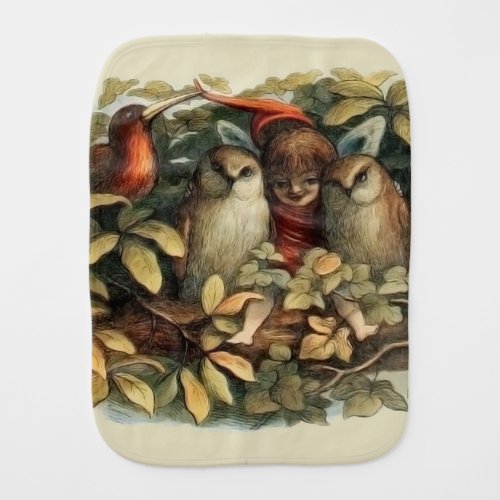 Owls and Elf Fairies Nature Rich Illustration Baby Burp Cloth