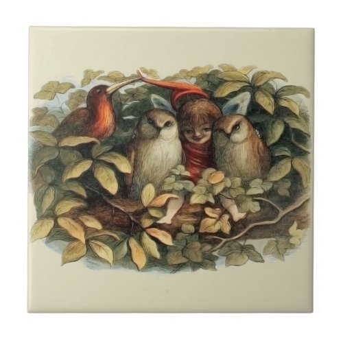 Owls and Elf Fairies Nature Rich Illustration Ceramic Tile