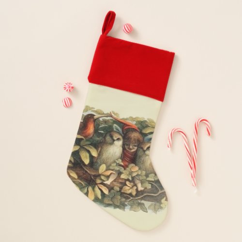 Owls and Elf Fairies Nature Rich Illustration Christmas Stocking
