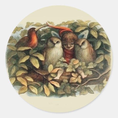 Owls and Elf Fairies Nature Rich Illustration Classic Round Sticker