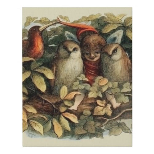 Owls and Elf Fairies Nature Rich Illustration Faux Canvas Print