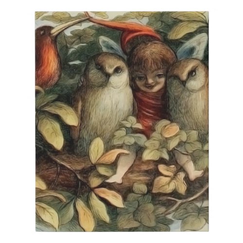 Owls and Elf Fairies Nature Rich Illustration Faux Canvas Print
