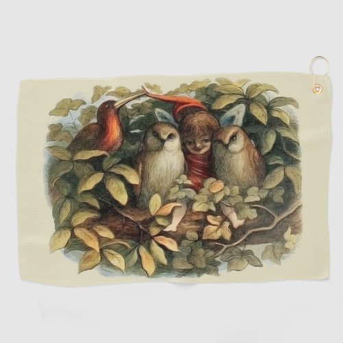Owls and Elf Fairies Nature Rich Illustration Golf Towel