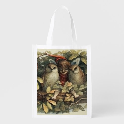 Owls and Elf Fairies Nature Rich Illustration Grocery Bag
