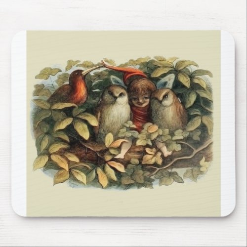 Owls and Elf Fairies Nature Rich Illustration Mouse Pad