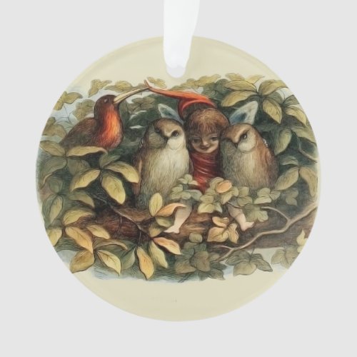 Owls and Elf Fairies Nature Rich Illustration Ornament