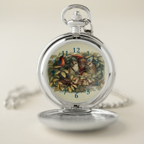 Owls and Elf Fairies Nature Rich Illustration Pocket Watch
