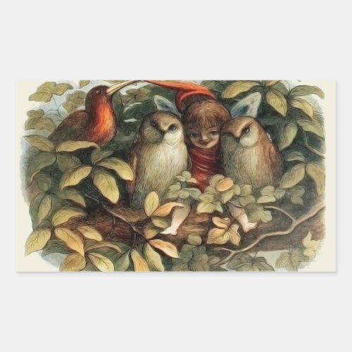 Owls and Elf Fairies Nature Rich Illustration Rectangular Sticker