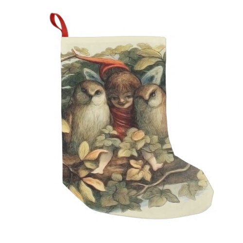 Owls and Elf Fairies Nature Rich Illustration Small Christmas Stocking