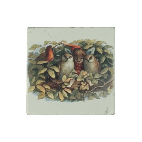 Owls and Elf Fairies Nature Rich Illustration Stone Magnet