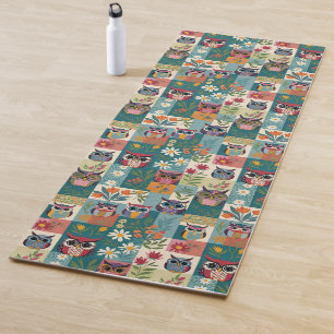 Owls And Flowers Floral Patchwork Color Block Yoga Mat