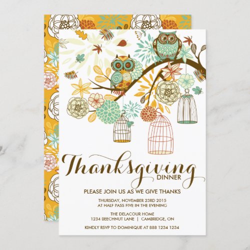 Owls and Flowers Thanksgiving Dinner Invitation