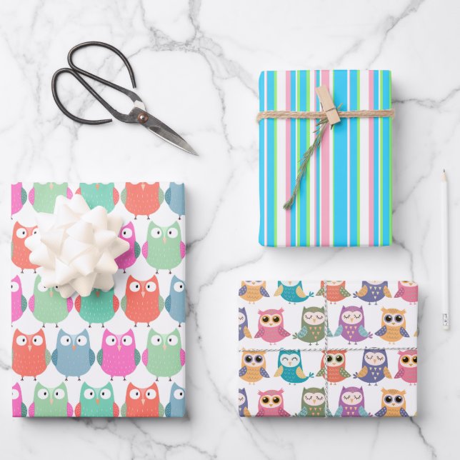 Owls and Stripes Wrapping Paper Sheets (Front)