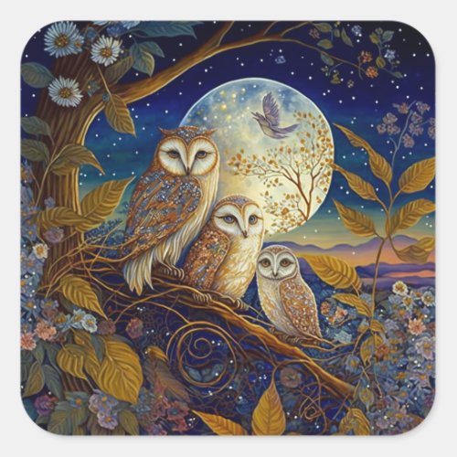 Owls At Dusk Under The Moon  Stars Square Sticker