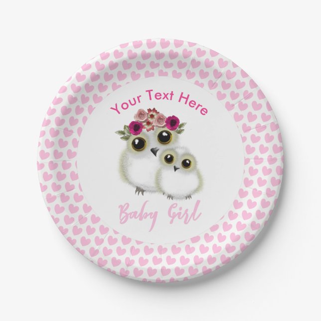 Owls Baby Shower Girl Pink Whimsical Personalized Paper Plates (Front)