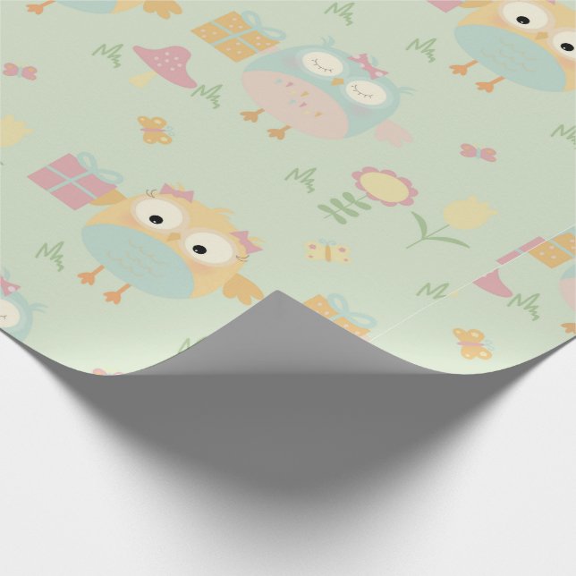 Owls Birthday Presents Green Blue Flowers Simple Wrapping Paper (Corner)