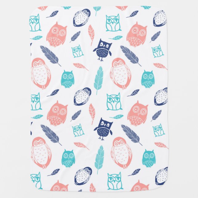 Owls Blue Teal Coral Feathers Baby Blanket (Front)