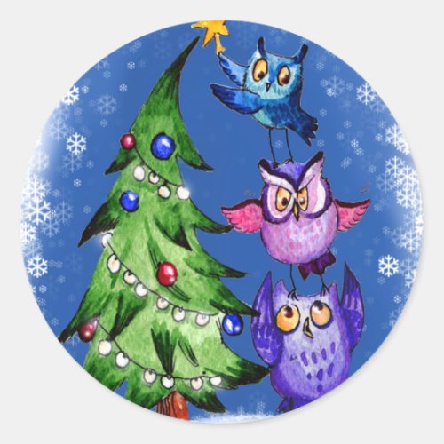 Owls Christmas blue Classic Round Sticker