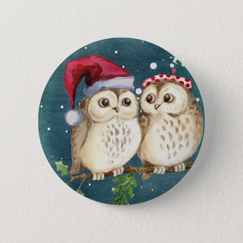 Owls Christmas Eve  Night Santa Red Hat  Button