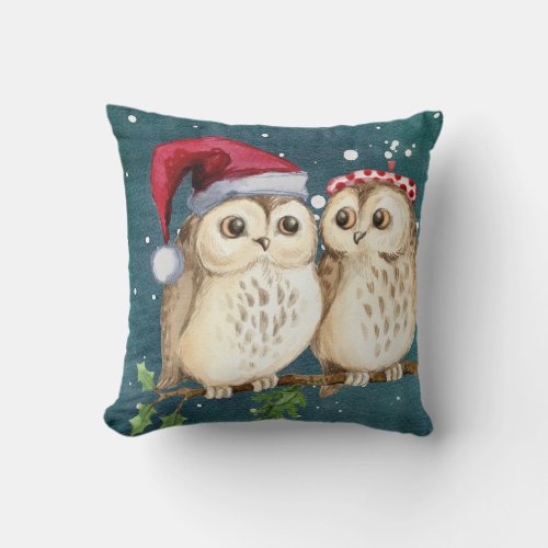 Owls Christmas Eve  Night Santa Red Hat  Throw Pillow