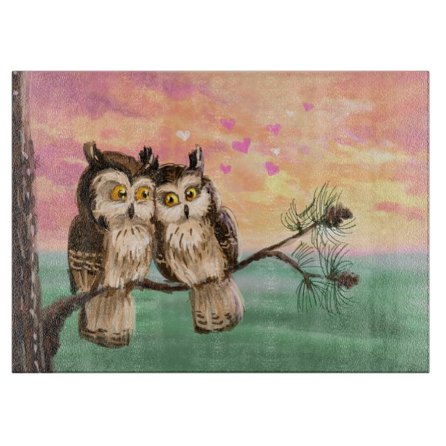 Owls couple love cute sunset cutting board (Front)