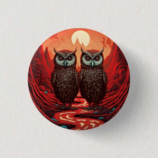 Owls couple on the mountains button (Front)